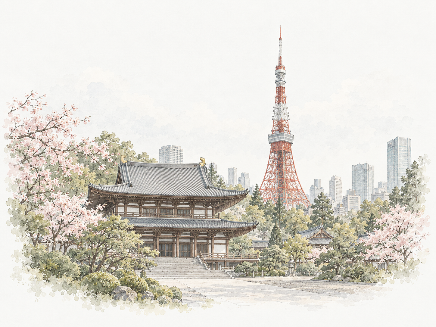 Architectural watercolor illustration of Tokyo Tower and a traditional temple in Tokyo
