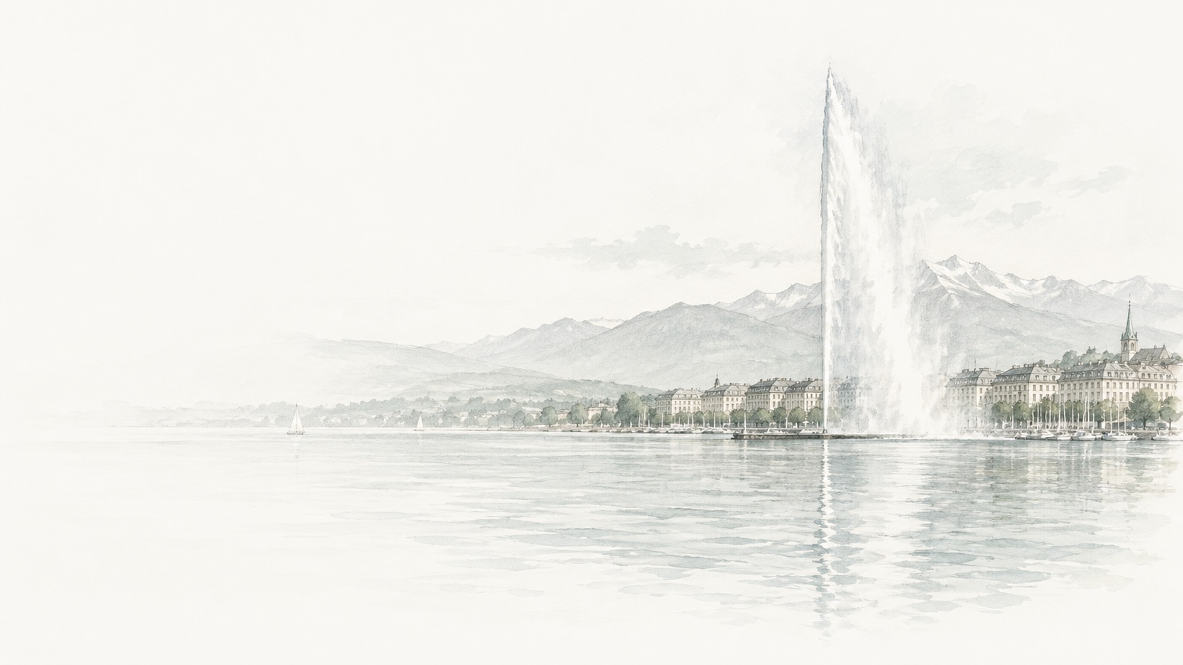 Architectural watercolor illustration of Geneva’s Jet d’Eau and Lake Geneva