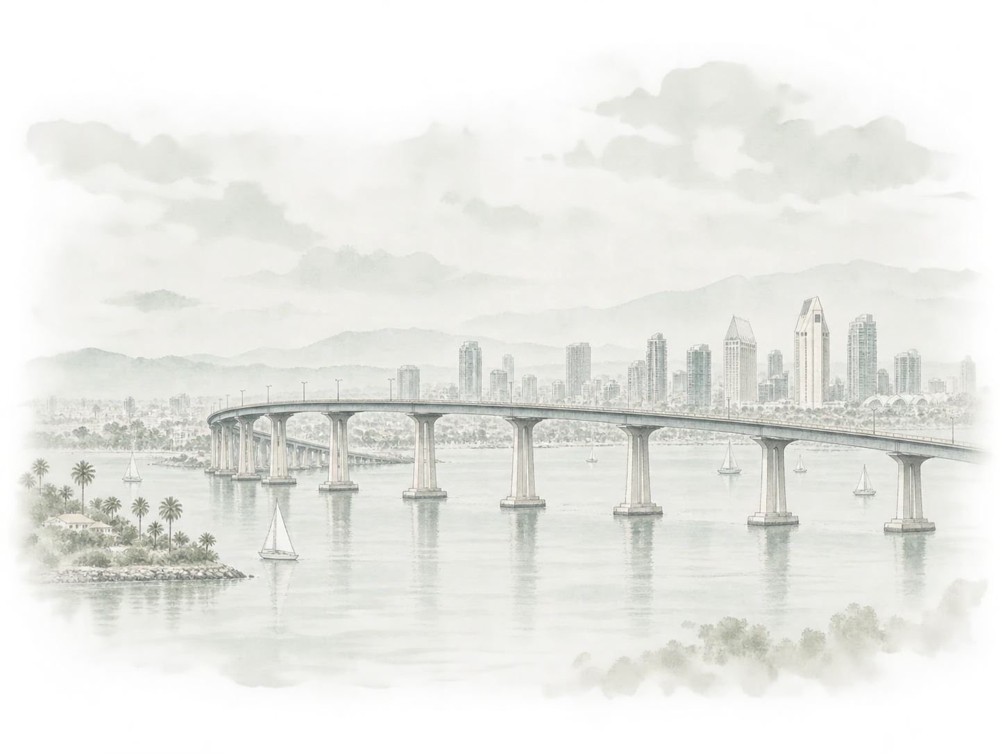 Architectural watercolor illustration of Coronado Bridge and the San Diego skyline